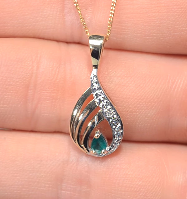 Emerald 4 x 3mm And Diamond 9K Yellow Gold Pendant Necklace